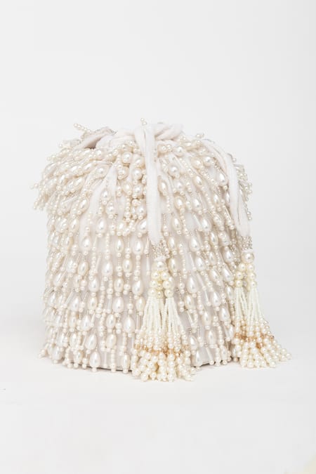Buy_Eena_White Pearl Veda Nalki And Bead Embroidered Bucket Bag 