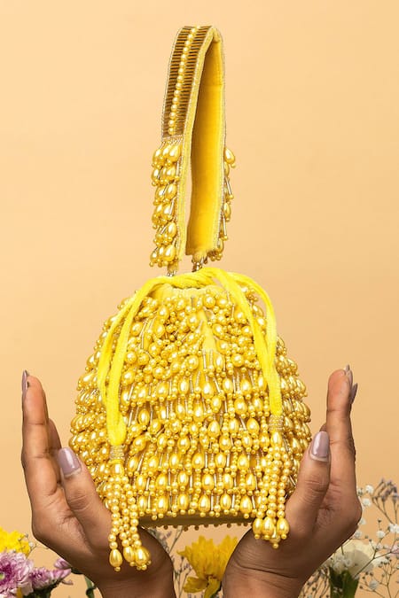 EENA Yellow Pearl Veda Nalki And Bead Embroidered Bucket Bag 