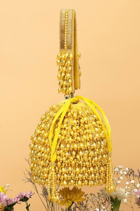 Eena_Yellow Pearl Veda Nalki And Bead Embroidered Bucket Bag _Online_at_Aza_Fashions