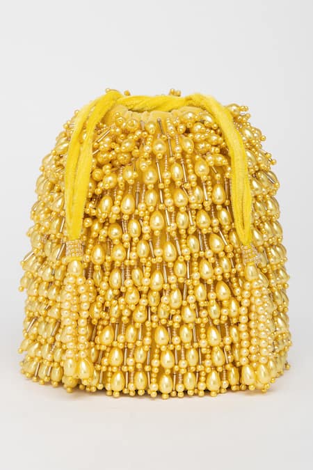 Buy_Eena_Yellow Pearl Veda Nalki And Bead Embroidered Bucket Bag _Online_at_Aza_Fashions