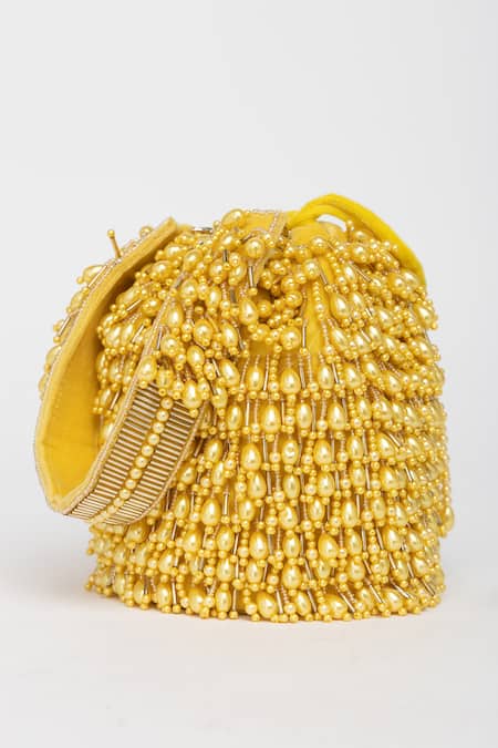 Eena_Yellow Pearl Veda Nalki And Bead Embroidered Bucket Bag _at_Aza_Fashions
