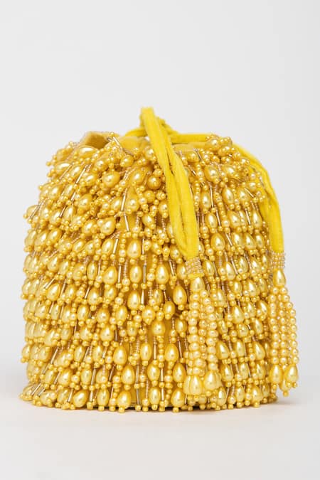 Buy_Eena_Yellow Pearl Veda Nalki And Bead Embroidered Bucket Bag 