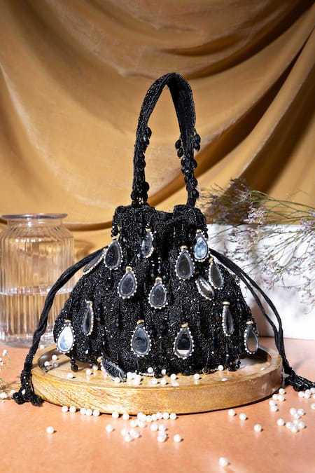 EENA Black Mirror Zuri Teardrop Embroidered Potli Bag 