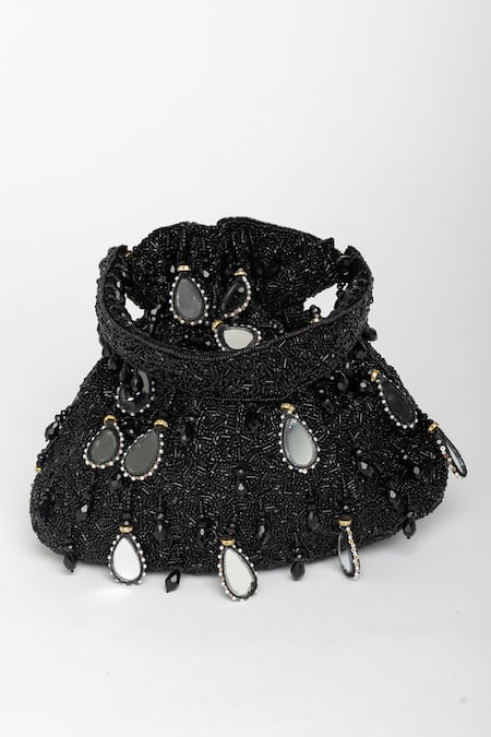 Eena_Black Mirror Zuri Teardrop Embroidered Potli Bag _Online_at_Aza_Fashions