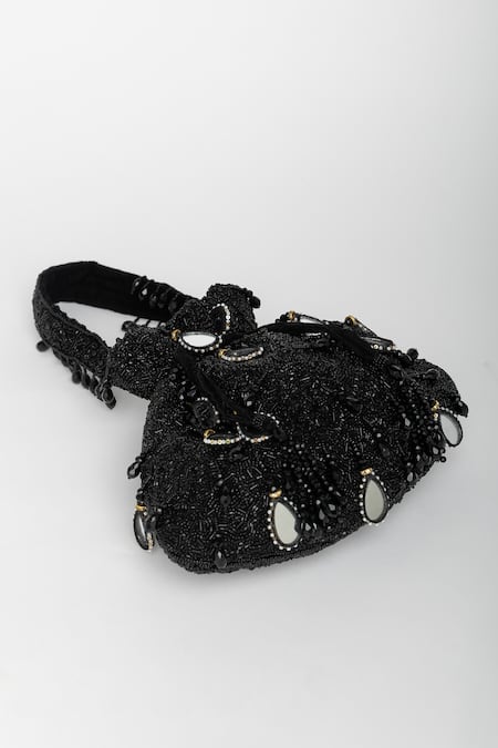 Eena_Black Mirror Zuri Teardrop Embroidered Potli Bag _at_Aza_Fashions