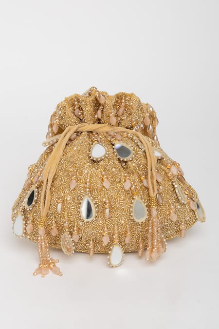 Shop_Eena_Gold Mirror Zuri And Beadwork Potli Bag _at_Aza_Fashions
