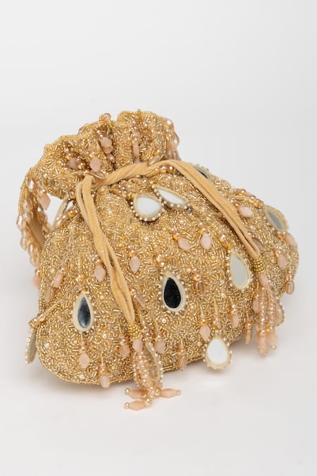 Shop_Eena_Gold Mirror Zuri And Beadwork Potli Bag _Online_at_Aza_Fashions