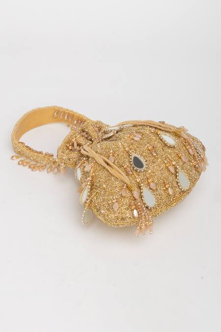 Eena_Gold Mirror Zuri And Beadwork Potli Bag _at_Aza_Fashions