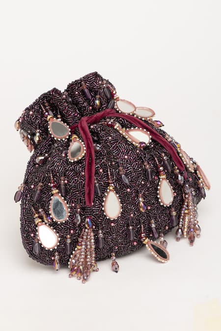 Shop Eena Purple Mirror Zuri And Crsytal Embroidered Potli Bag Online at Aza Fashions Shop_Eena_Purple Mirror Zuri And Crsytal Embroidered Potli Bag _Online_at_Aza_Fashions
