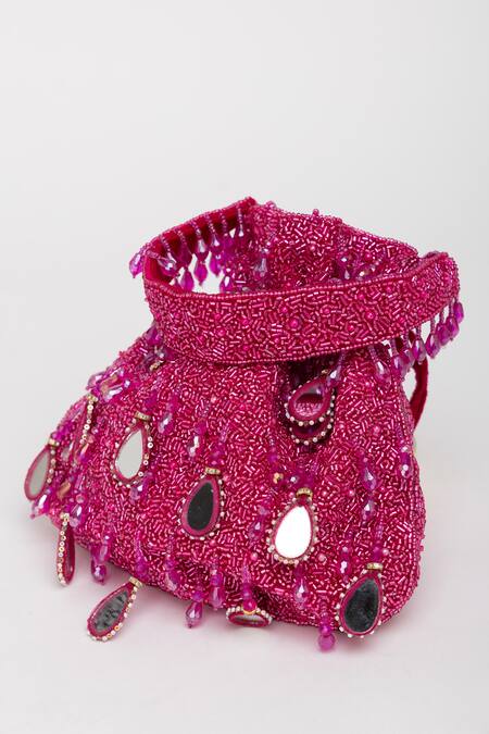 Buy_Eena_Magenta Mirror Zuri Velvet Work Potli Bag _Online_at_Aza_Fashions