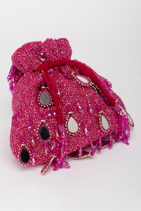 Shop_Eena_Magenta Mirror Zuri Velvet Work Potli Bag _Online_at_Aza_Fashions