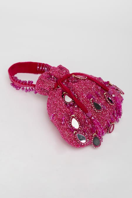 Eena_Magenta Mirror Zuri Velvet Work Potli Bag _at_Aza_Fashions