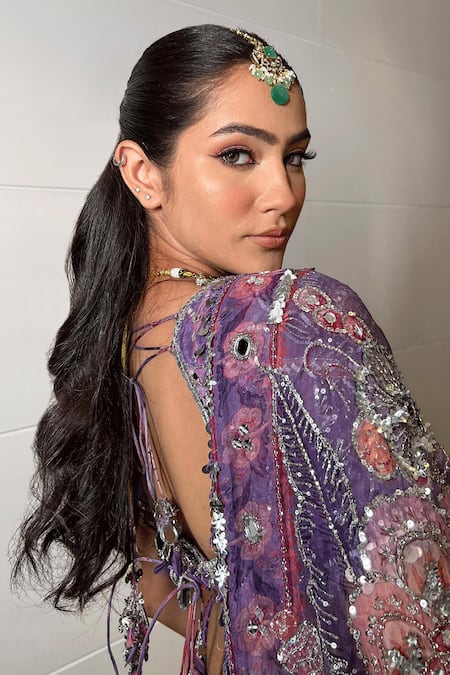 Buy_Mahima Mahajan_Purple Organza, Silk, Chanderi Sequins, Mirrors, Floral Print And Lehenga Set _Online_at_Aza_Fashions