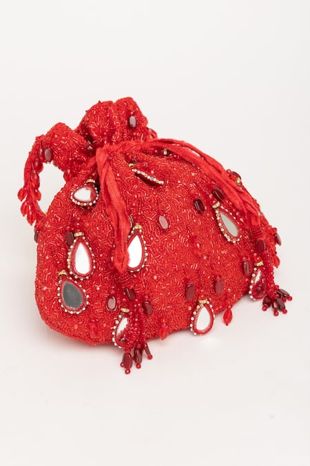 Shop Eena Red Mirror Zuri Velvet And Pearl Embroidered Potli Bag Online at Aza Fashions Shop_Eena_Red Mirror Zuri Velvet And Pearl Embroidered Potli Bag _Online_at_Aza_Fashions