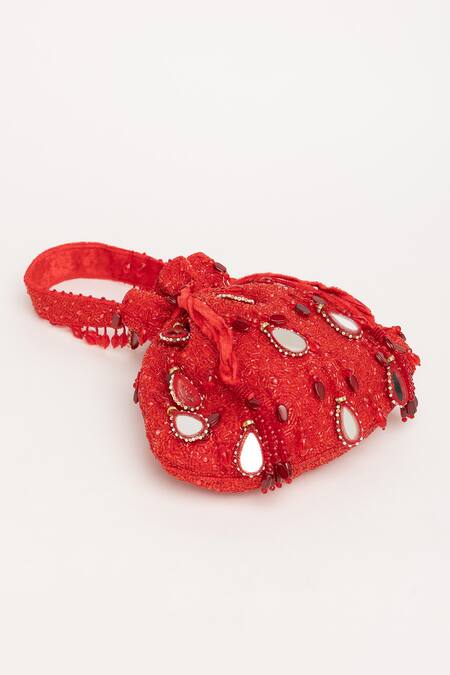 Eena Red Mirror Zuri Velvet And Pearl Embroidered Potli Bag at Aza Fashions Eena_Red Mirror Zuri Velvet And Pearl Embroidered Potli Bag _at_Aza_Fashions