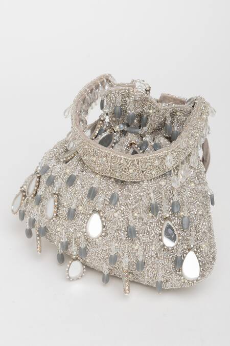 Buy Eena Silver Mirror Zuri Velvet Bead And Work Potli Bag Online at Aza Fashions Buy_Eena_Silver Mirror Zuri Velvet Bead And Work Potli Bag _Online_at_Aza_Fashions