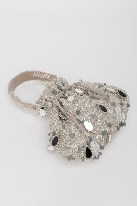 Eena Silver Mirror Zuri Velvet Bead And Work Potli Bag at Aza Fashions Eena_Silver Mirror Zuri Velvet Bead And Work Potli Bag _at_Aza_Fashions