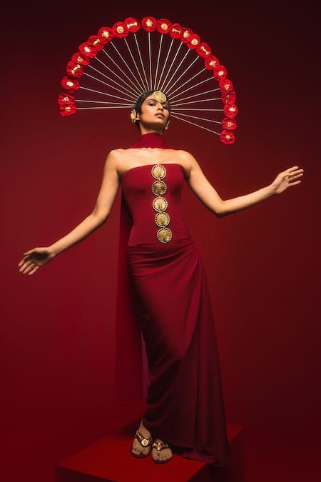 Shop Masaba Red Crepe Embroidery The Ghana Gator Embellished Corset Draped Skirt Set Shop_Masaba_Red Crepe Embroidery The Ghana Gator Embellished Corset Draped Skirt Set