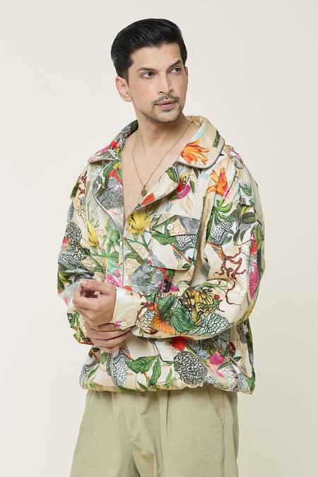 Shop Mahima Mahajan Multi Color Silk, Polyester Tropical Jungle Print Jacket Online at Aza Fashions Shop_Mahima Mahajan_Multi Color Silk, Polyester Tropical Jungle Print Jacket_Online_at_Aza_Fashions