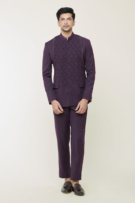 Gargee Designers_Purple Polyester Pintucked Bandhgala And Pant Set _Online_at_Aza_Fashions