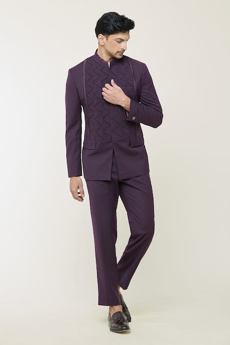 Buy_Gargee Designers_Purple Polyester Pintucked Bandhgala And Pant Set _Online_at_Aza_Fashions