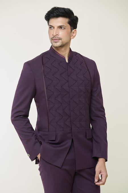 Shop_Gargee Designers_Purple Polyester Pintucked Bandhgala And Pant Set _Online_at_Aza_Fashions