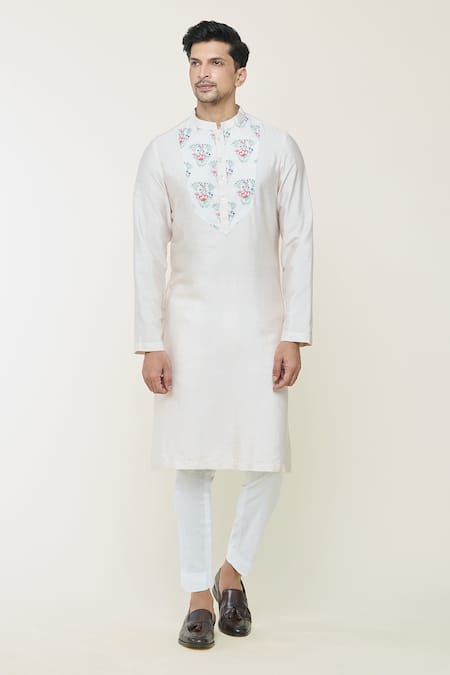 Ankit V Kapoor_Ivory Cotton, Silk Embroidery Floral Hand Painted Kurta Set_Online_at_Aza_Fashions