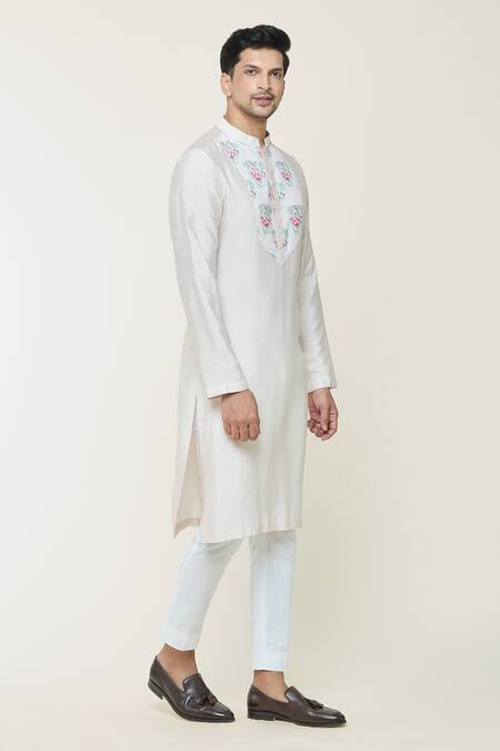 Buy_Ankit V Kapoor_Ivory Cotton, Silk Embroidery Floral Hand Painted Kurta Set_Online_at_Aza_Fashions