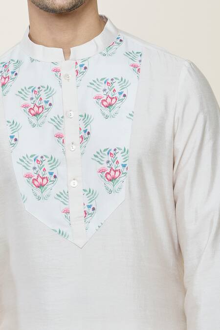 Ankit V Kapoor_Ivory Cotton, Silk Embroidery Floral Hand Painted Kurta Set_at_Aza_Fashions