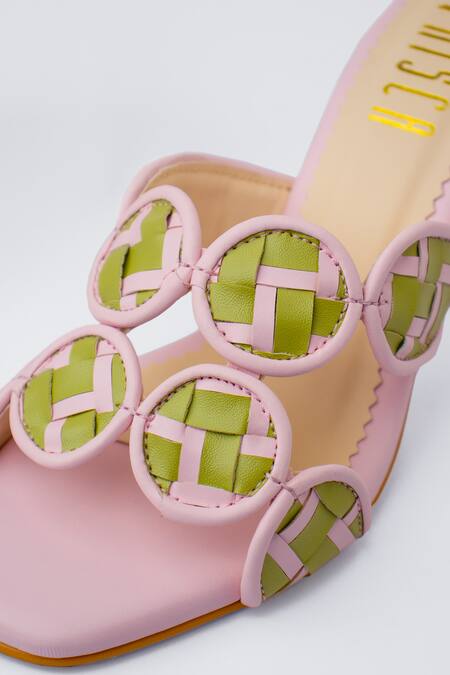 House Of Prisca_Pink Hand Weave Coral Mule Heels_Online_at_Aza_Fashions