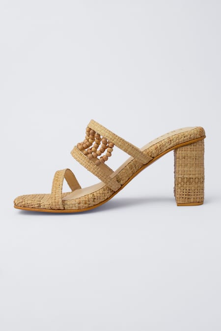 Shop_House Of Prisca_Beige Textured Dune Hand Beaded Heels _at_Aza_Fashions