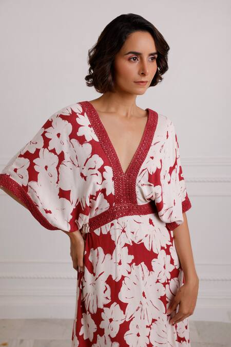 Shop_Pallavi Kandoi_Maroon Viscose V-neck Floral Print Kaftan _Online_at_Aza_Fashions