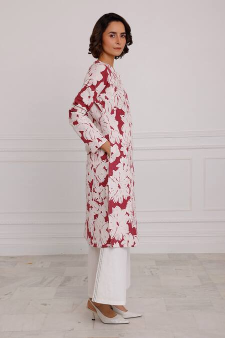 Pallavi Kandoi_Maroon Cotton, Linen Round Neck Floral Print Dress _Online_at_Aza_Fashions
