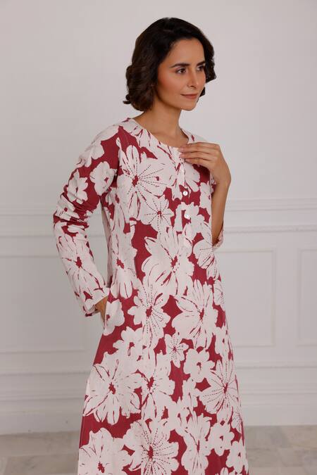 Buy_Pallavi Kandoi_Maroon Cotton, Linen Round Neck Floral Print Dress _Online_at_Aza_Fashions