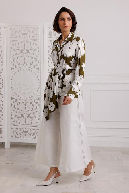 Buy_Pallavi Kandoi_White Cotton, Linen Solid Wide Leg Pant _Online_at_Aza_Fashions