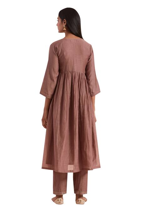 Priya Chaudhary_Brown Soft Chanderi Embroidered Floral Notched Round A-line Kurta_Online_at_Aza_Fashions