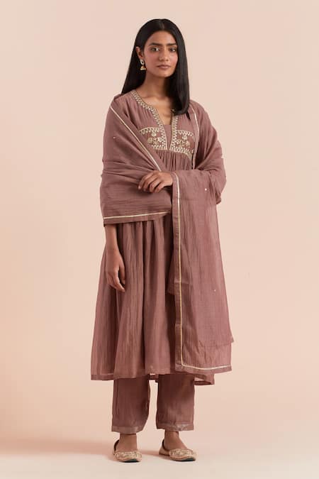 Priya Chaudhary Brown Soft Chanderi Embroidered Floral Notched Round Yoke A-line Kurta Pant Set 