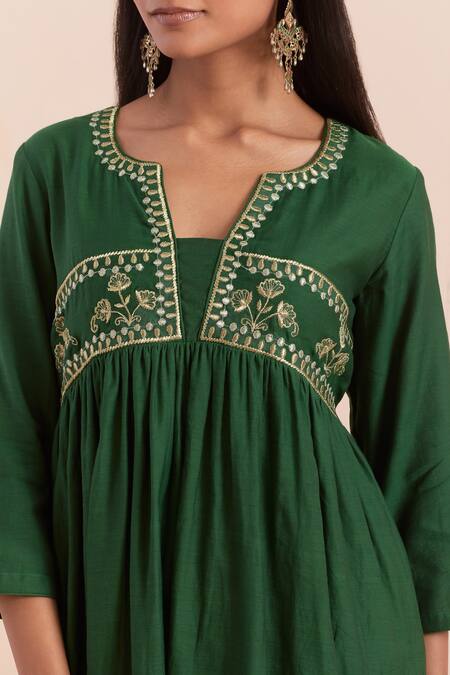 Shop Priya Chaudhary Green Chanderi Embroidery Round Neck Floral A-line Kurta Set Online at Aza Fashions Shop_Priya Chaudhary_Green Chanderi Embroidery Round Neck Floral A-line Kurta Set _Online_at_Aza_Fashions