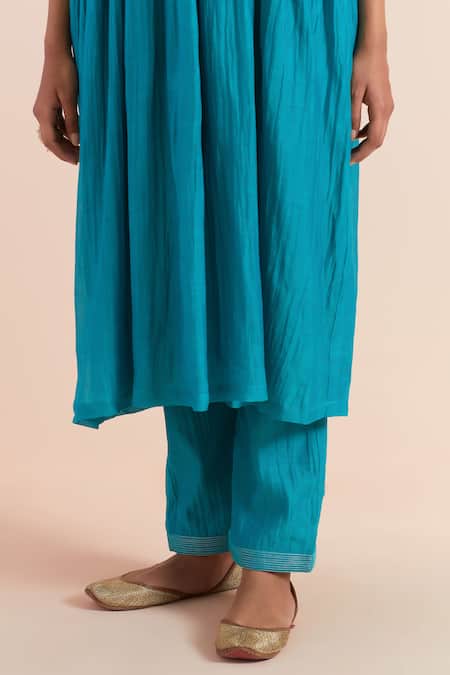 Shop_Priya Chaudhary_Blue Chanderi Embroidery Round Neck Anarkali Set With Dupatta And Pant _Online_at_Aza_Fashions