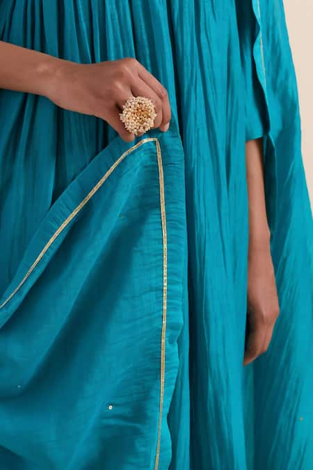 Buy_Priya Chaudhary_Blue Chanderi Embroidery Round Neck Anarkali Set With Dupatta And Pant 