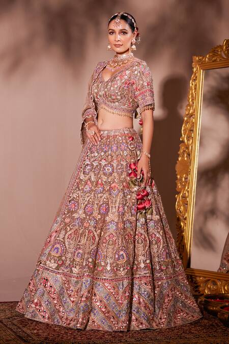 Shop Chaashni By Maansi And Ketan Beige Organza, Net Beads, Tassels, Pearls, Embroidered Work Bridal Lehenga Set Online at Aza Fashions Shop_Chaashni By Maansi And Ketan_Beige Organza, Net Beads, Tassels, Pearls, Embroidered Work Bridal Lehenga Set _Online_at_Aza_Fashions