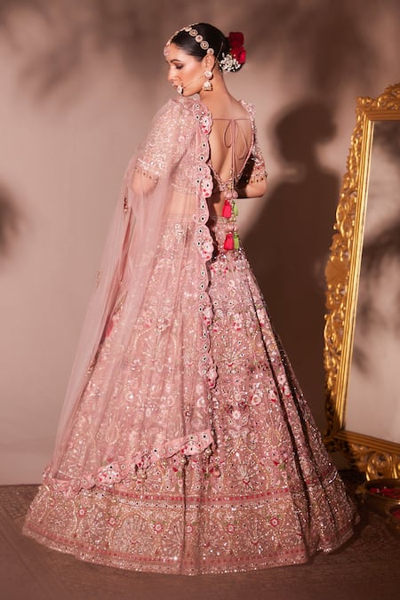 Chaashni By Maansi And Ketan_Pink Organza, Net Mirrors, Pearls, Sequins Designer Embroidered Lehenga Set _Online_at_Aza_Fashions