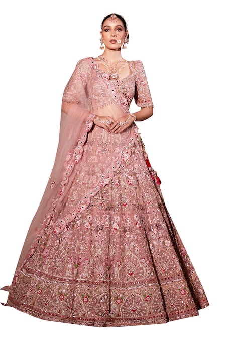 Buy_Chaashni By Maansi And Ketan_Pink Organza, Net Mirrors, Pearls, Sequins Designer Embroidered Lehenga Set _Online_at_Aza_Fashions