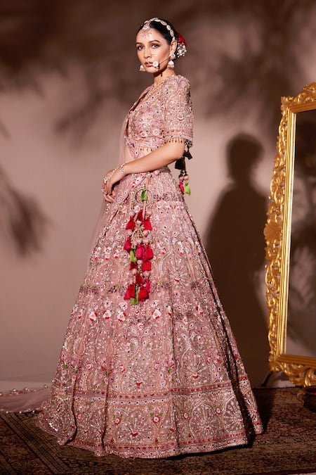 Shop_Chaashni By Maansi And Ketan_Pink Organza, Net Mirrors, Pearls, Sequins Designer Embroidered Lehenga Set _Online_at_Aza_Fashions