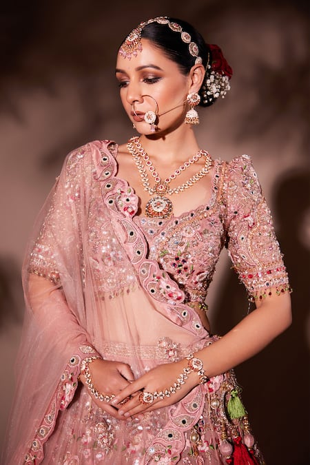 Buy_Chaashni By Maansi And Ketan_Pink Organza, Net Mirrors, Pearls, Sequins Designer Embroidered Lehenga Set 