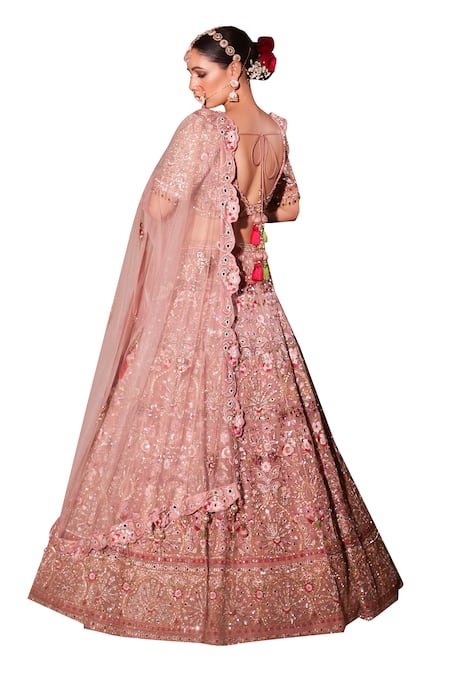 Shop_Chaashni By Maansi And Ketan_Pink Organza, Net Mirrors, Pearls, Sequins Designer Embroidered Lehenga Set 