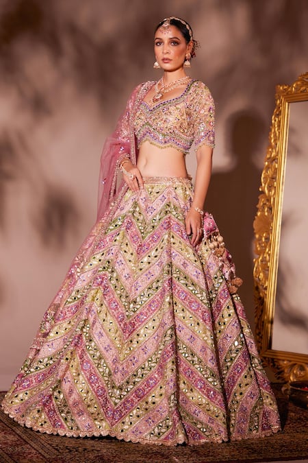 Chaashni By Maansi And Ketan_Multi Color Organza, Net Embroidery, Beads, Geometric Pattern Lehenga Set _Online_at_Aza_Fashions