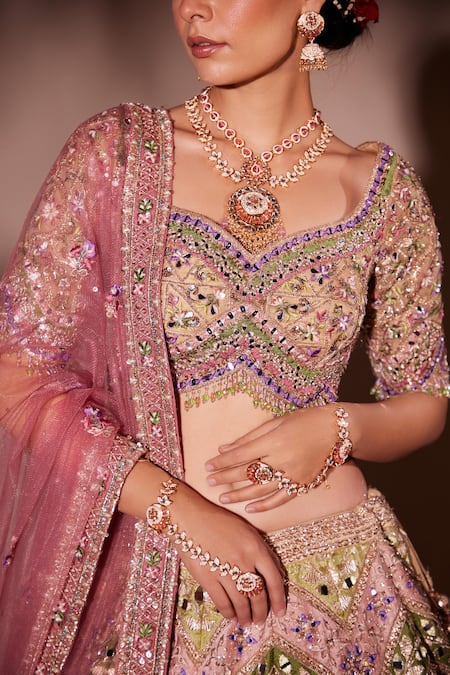 Buy_Chaashni By Maansi And Ketan_Multi Color Organza, Net Embroidery, Beads, Geometric Pattern Lehenga Set _Online_at_Aza_Fashions