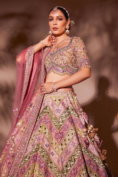 Shop_Chaashni By Maansi And Ketan_Multi Color Organza, Net Embroidery, Beads, Geometric Pattern Lehenga Set _Online_at_Aza_Fashions