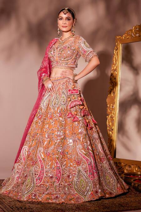 Shop Chaashni By Maansi And Ketan Orange Organza, Net Sequins, Pearls, Beads, Embroidery Bridal Lehenga Set Online at Aza Fashions Shop_Chaashni By Maansi And Ketan_Orange Organza, Net Sequins, Pearls, Beads, Embroidery Bridal Lehenga Set _Online_at_Aza_Fashions